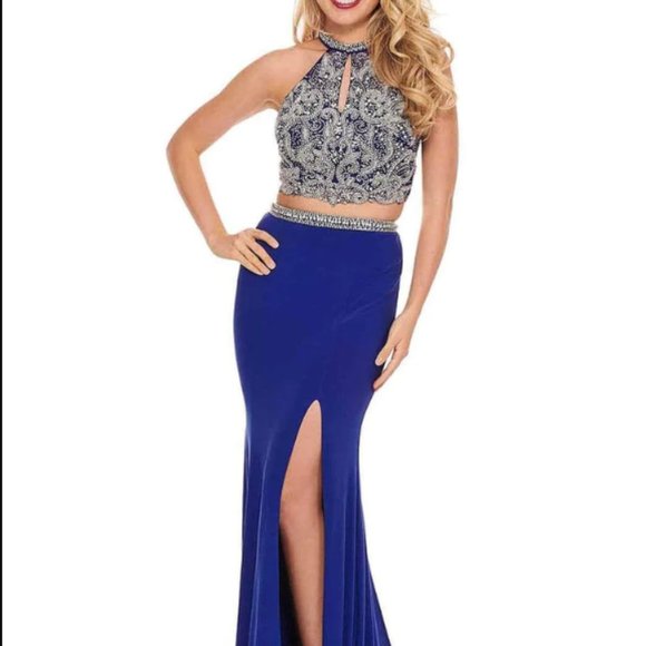 NWT Rachel Allan - Two-Piece Beaded Halter High Slit Gown - Picture 1 of 4